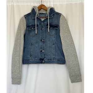 Hollister Denim Jacket Hoodie Mixed Media Gray Jersey Sleeve Blue Jean Womens M